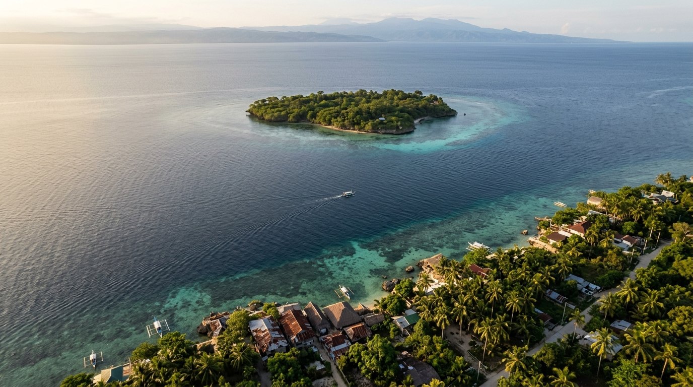 Aerial view of Panagsama, Moalboal, with Pescador Island offshore