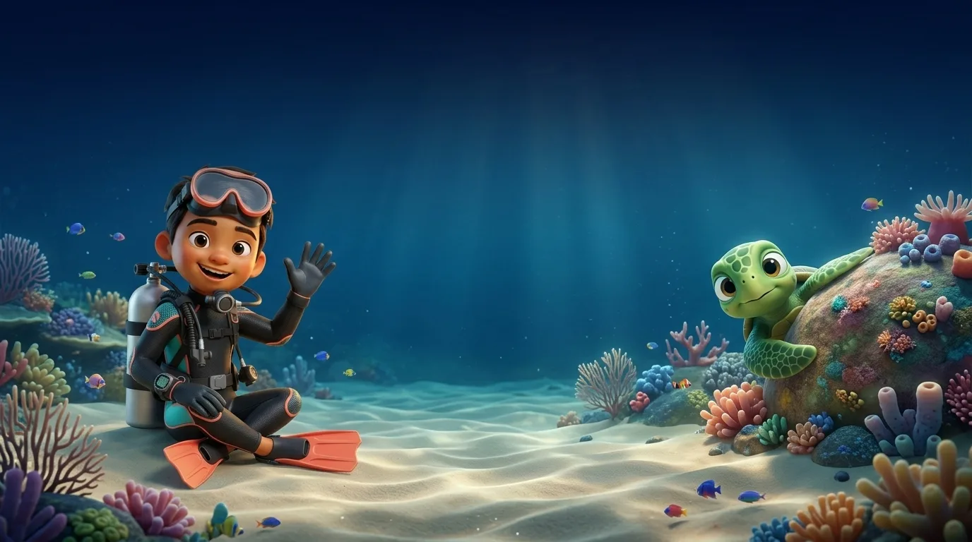 Our mascot waves from the sand while a sea turtle peeks out from behind a coral rock